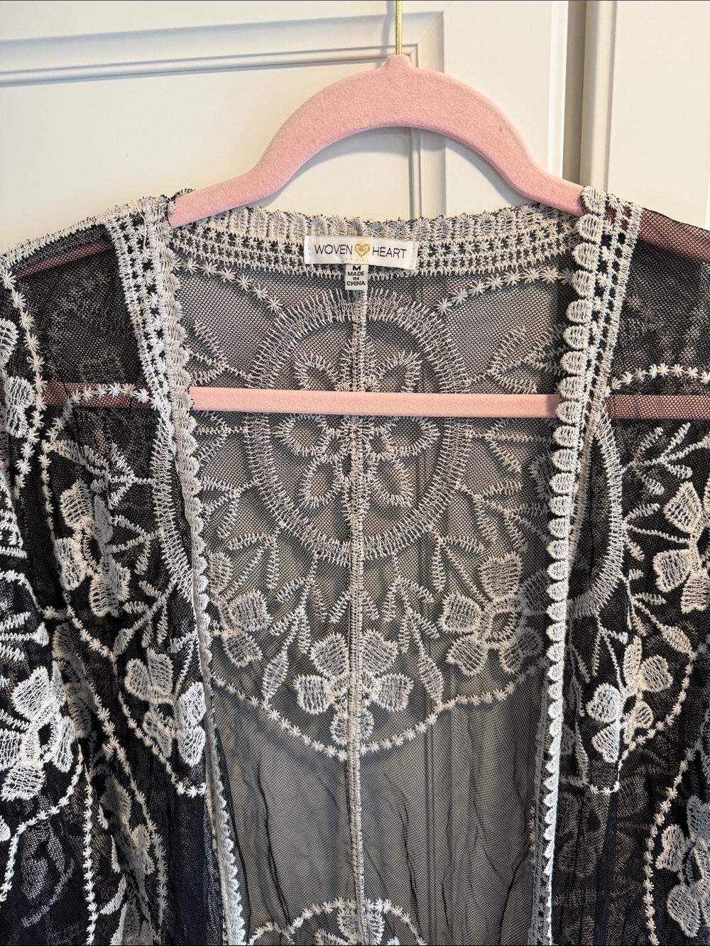 Woven Heart Black Sheer Kimono with White Floral Embroidery